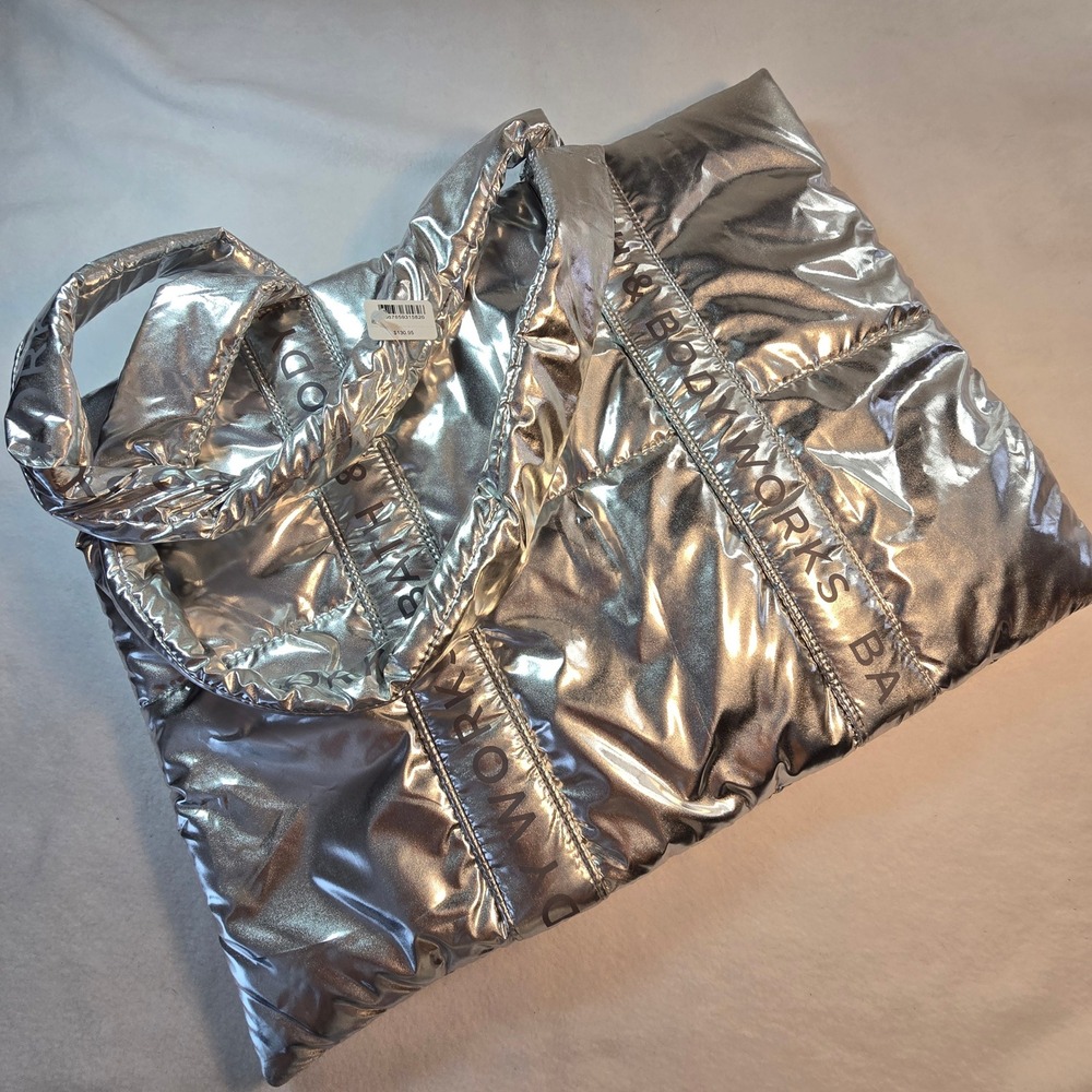 New Bath & Body Works Silver  Puffer Tote Bag 2024 Puffy Metallic Christmas Gift